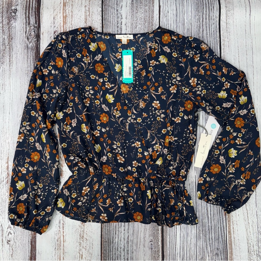 nine britton Navy Floral Wrap Blouse with Mustard and Cream Flowers - Picture 3 of 9